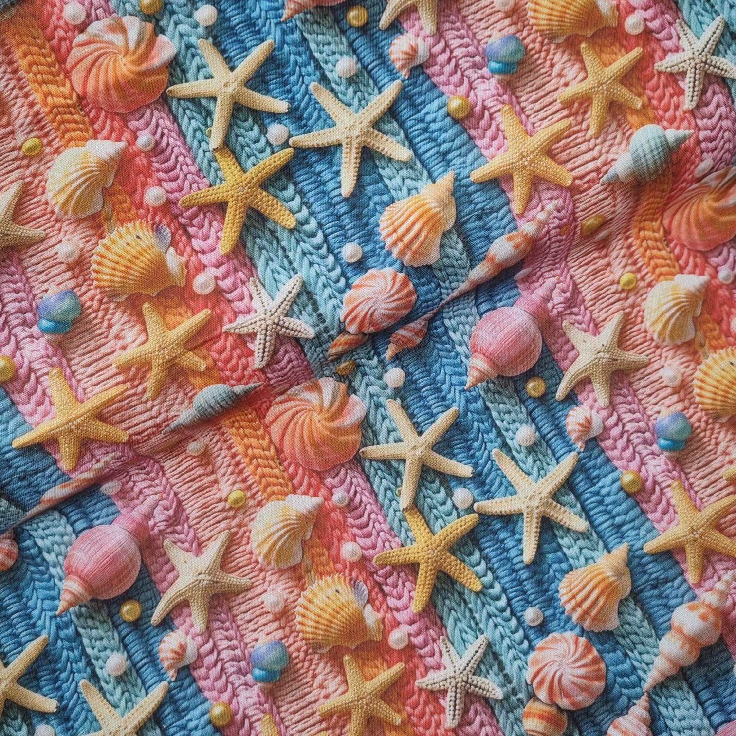 Tecido Tricoline Digital Conchas e Estrelas do Mar Fd Listrado Crochê