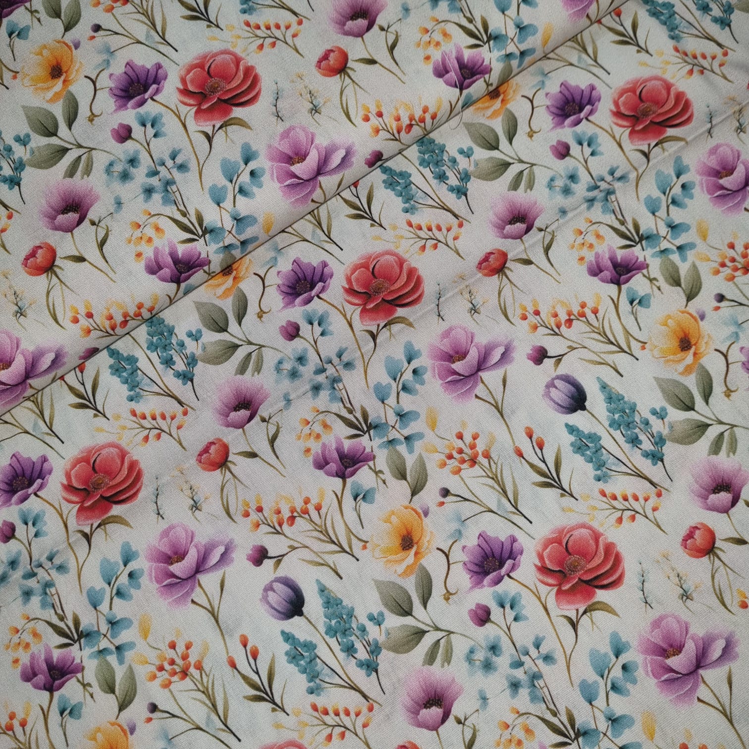 Tecido Tricoline Digital Floral Colorido Fd Off White