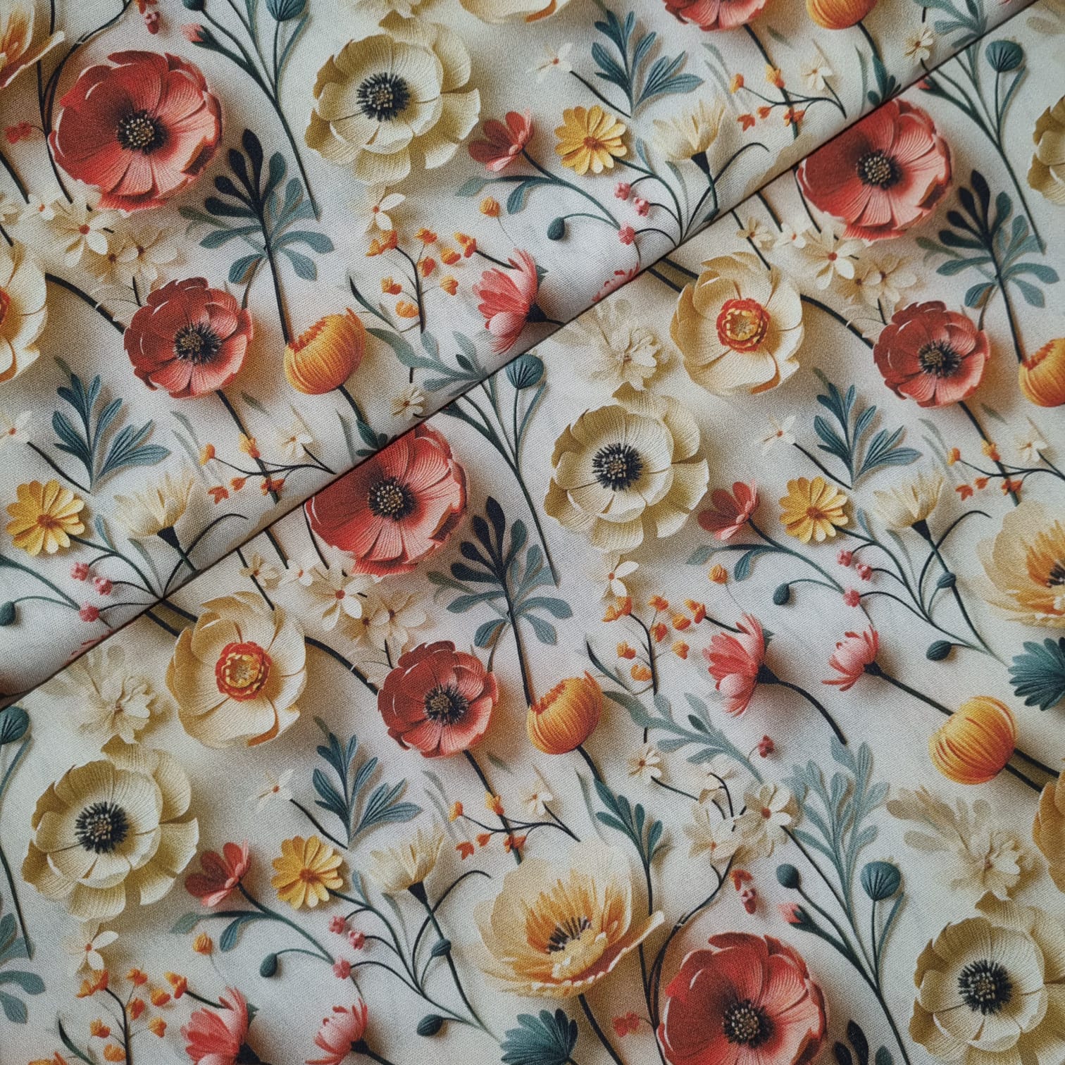 Tecido Tricoline Digital Floral e Folhagens em Tons Pastéis