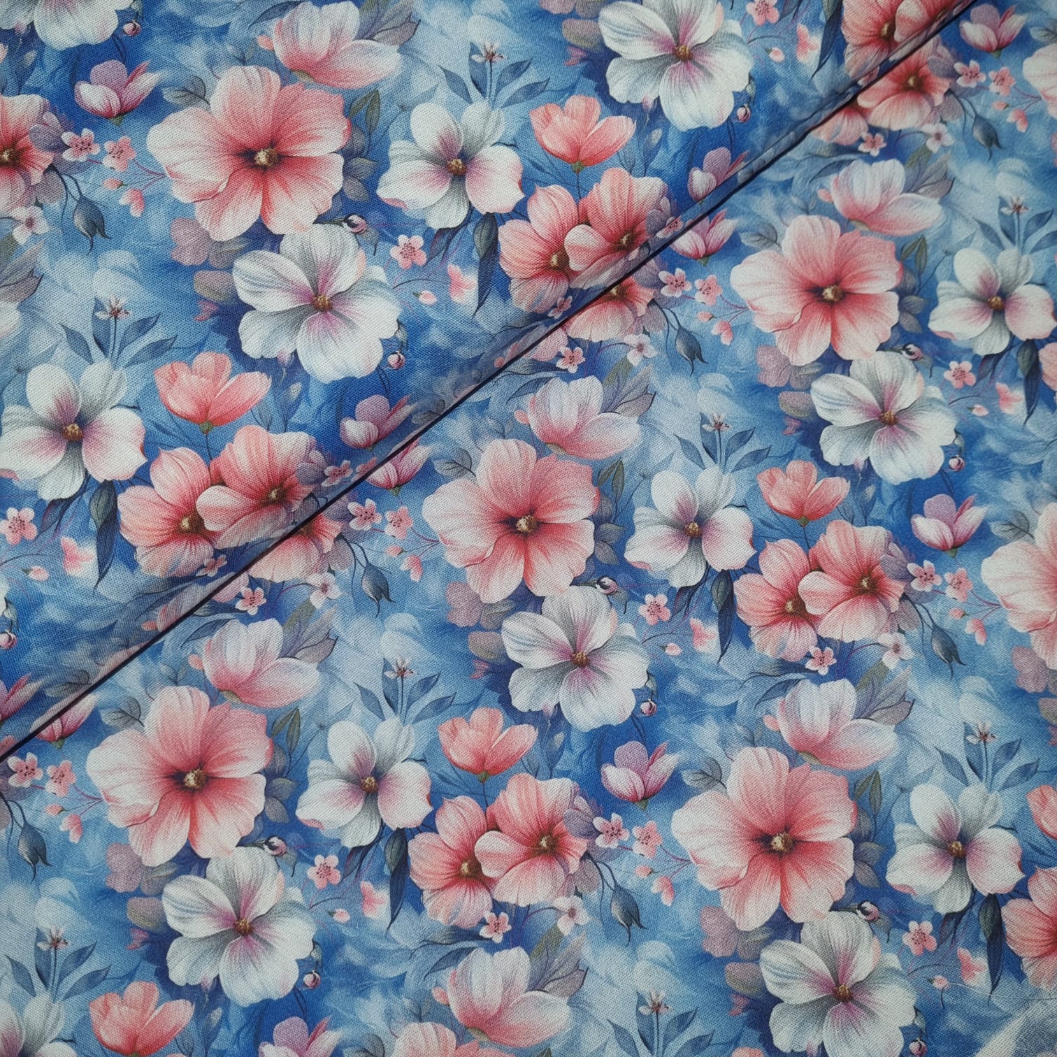 Tecido Tricoline Digital Floral Hibisco Coral fd Azul