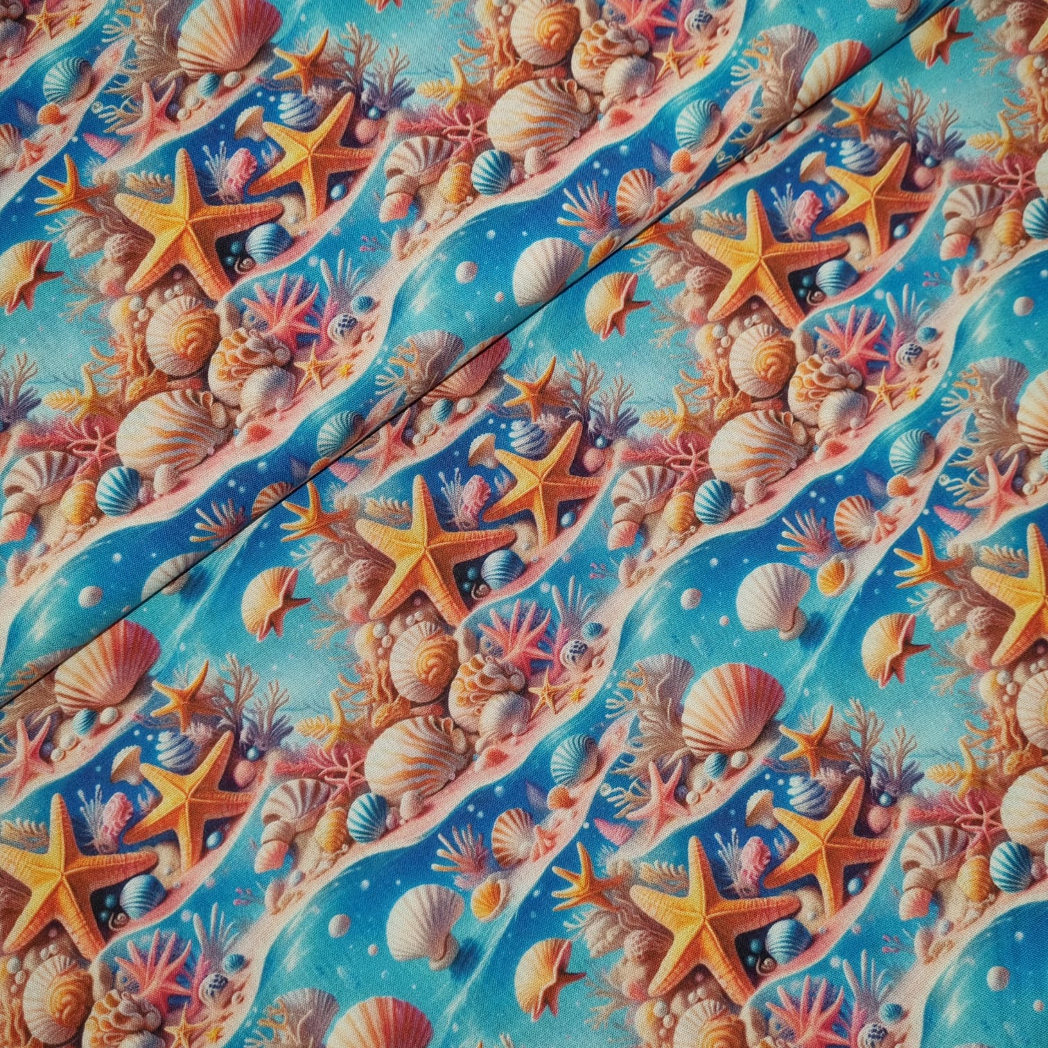 Tecido Tricoline Digital Fundo do Mar Estrelas e Conchas