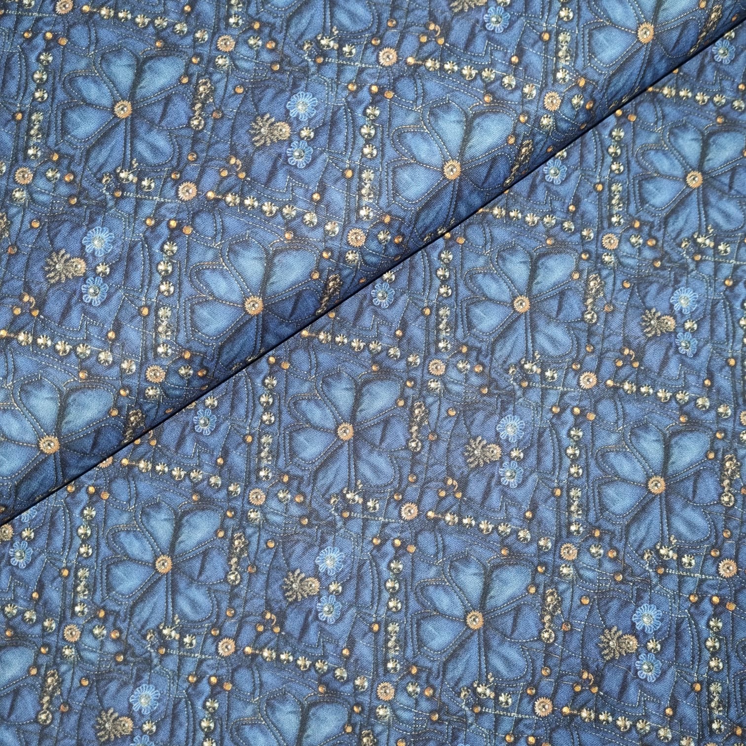 Tecido Tricoline Digital Geométrico Floral Dourado fd Jeans