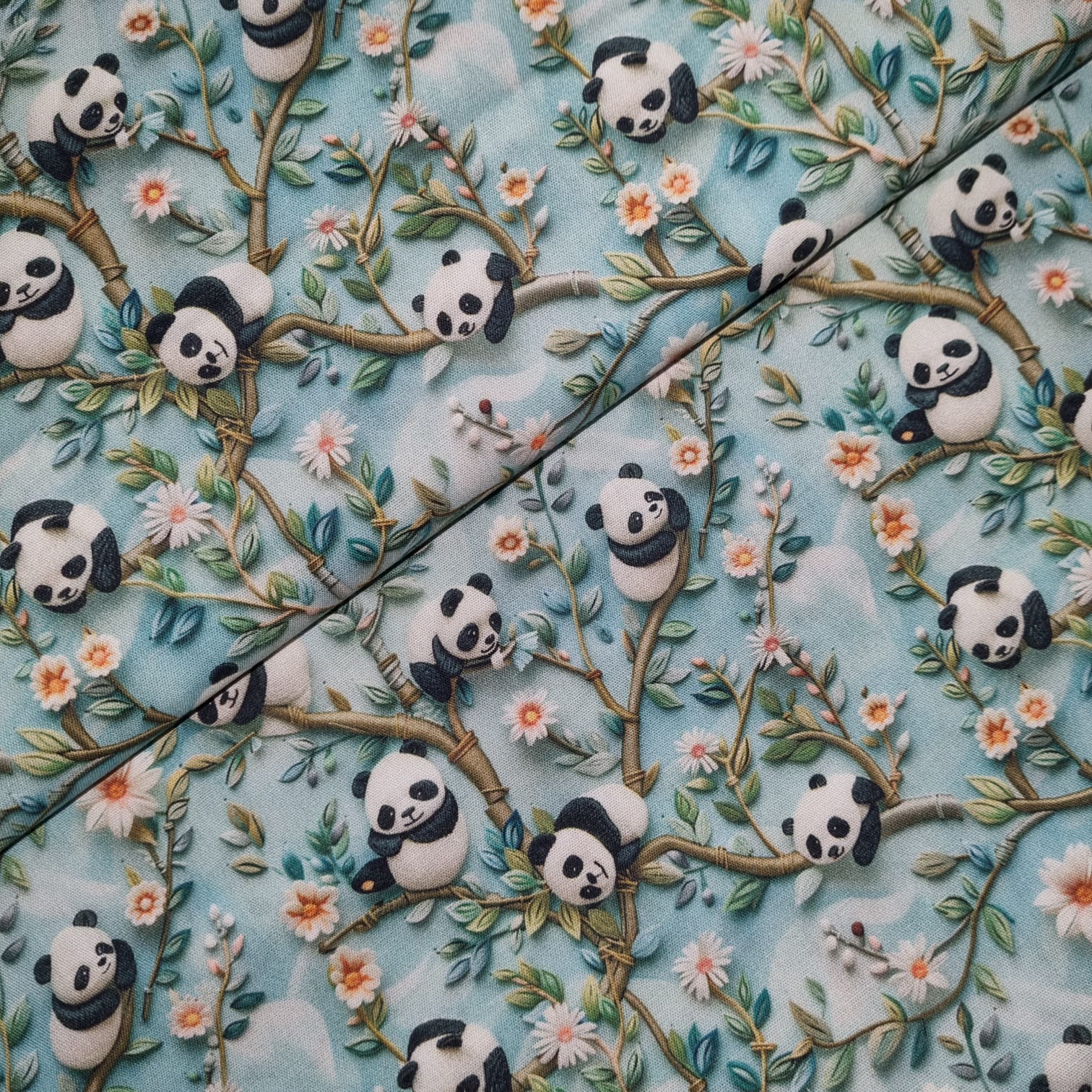 Tecido Tricoline Digital Pandas Fofos Fd Azul Claro