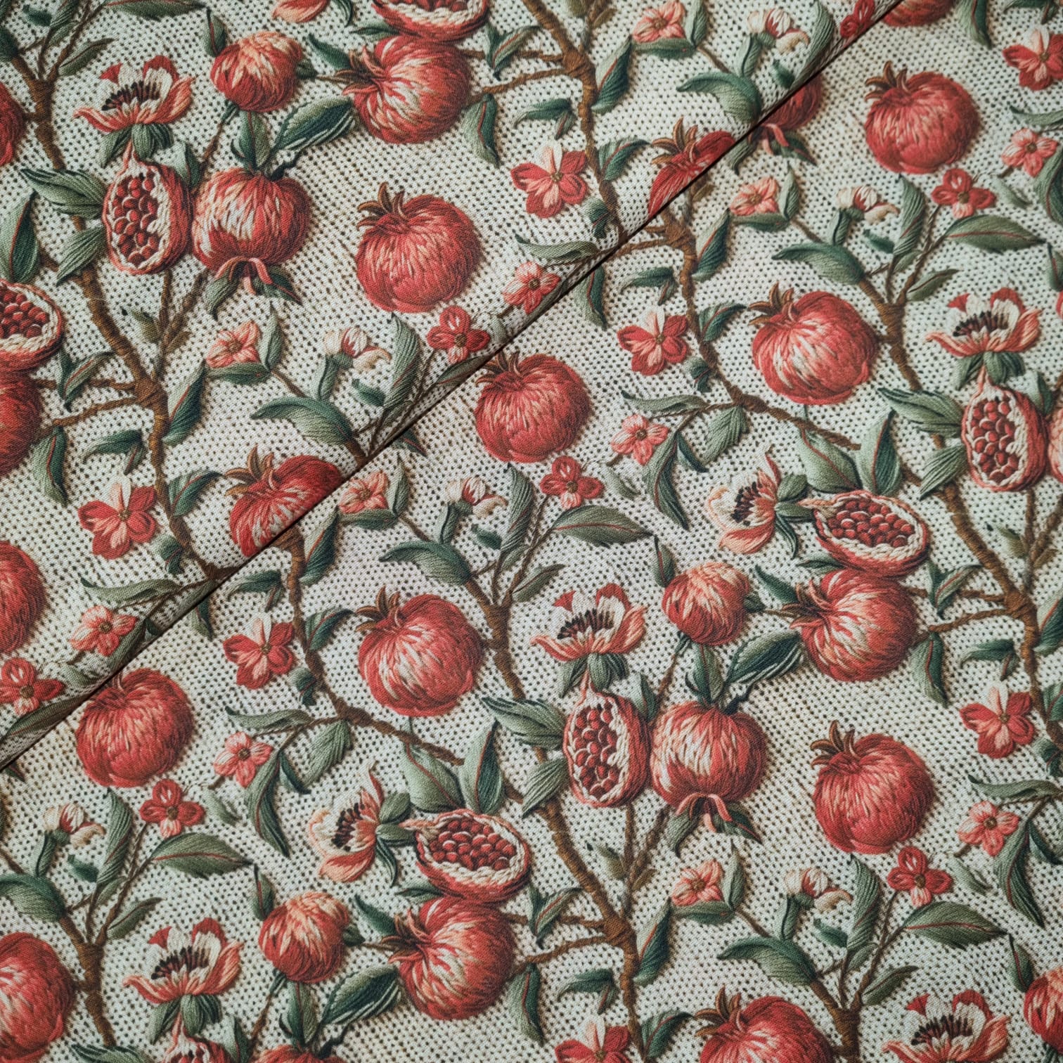 Tecido Tricoline Digital Romã fd Crochê Bege