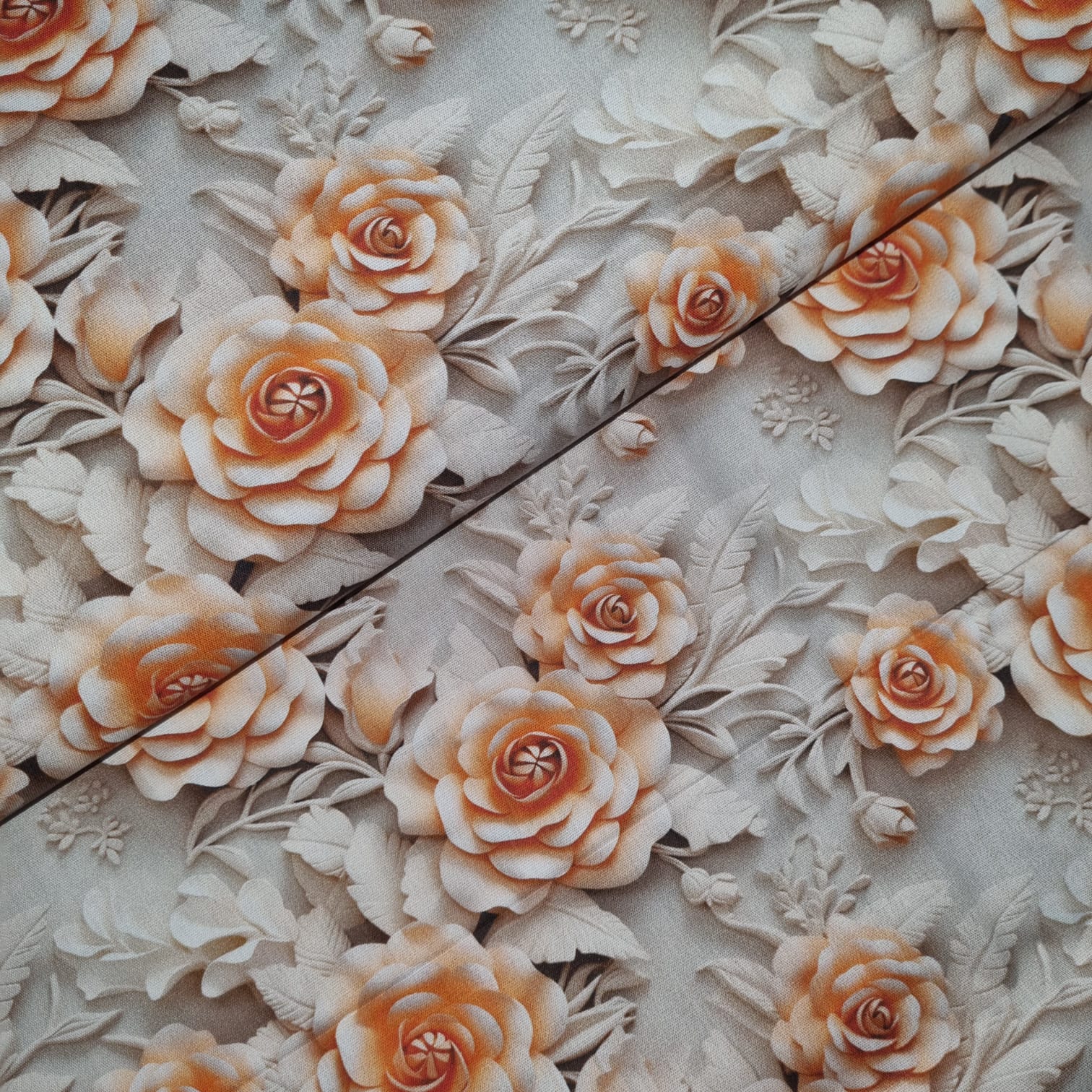 Tecido Tricoline Digital Rosas Laranjas fd Bege