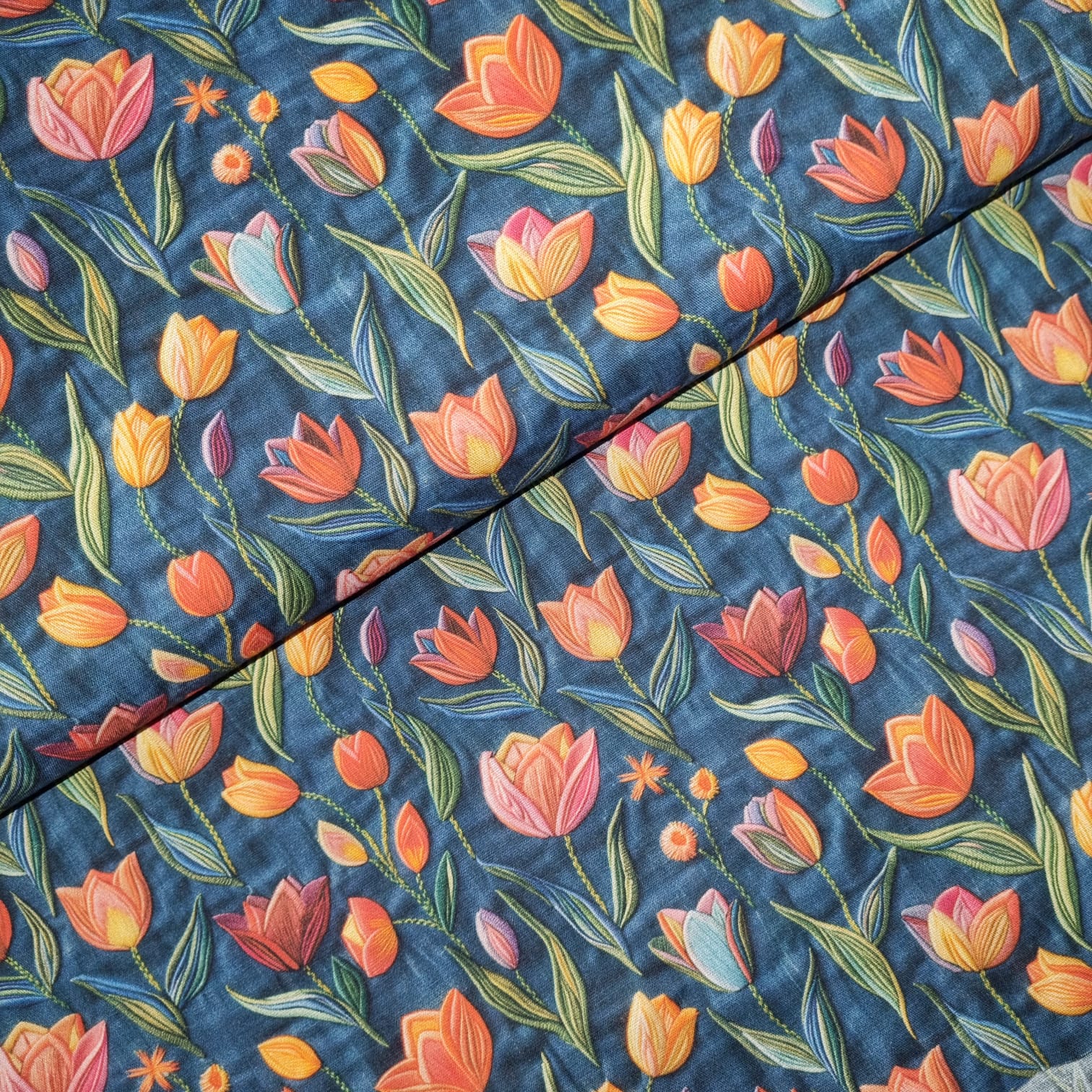 Tecido Tricoline Digital Tulipas fd Jeans