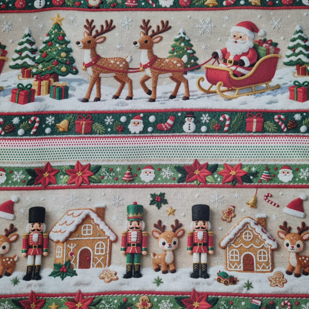 Tecido Tricoline Digital Barrado Natalino Papai Noel e Animaizinhos Bordados