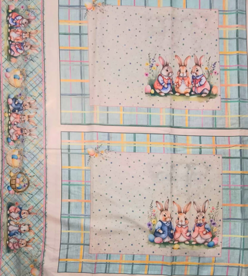 Tecido Tricoline Digital Pascoa Barrados e jogo americano coelhinhos e cestas