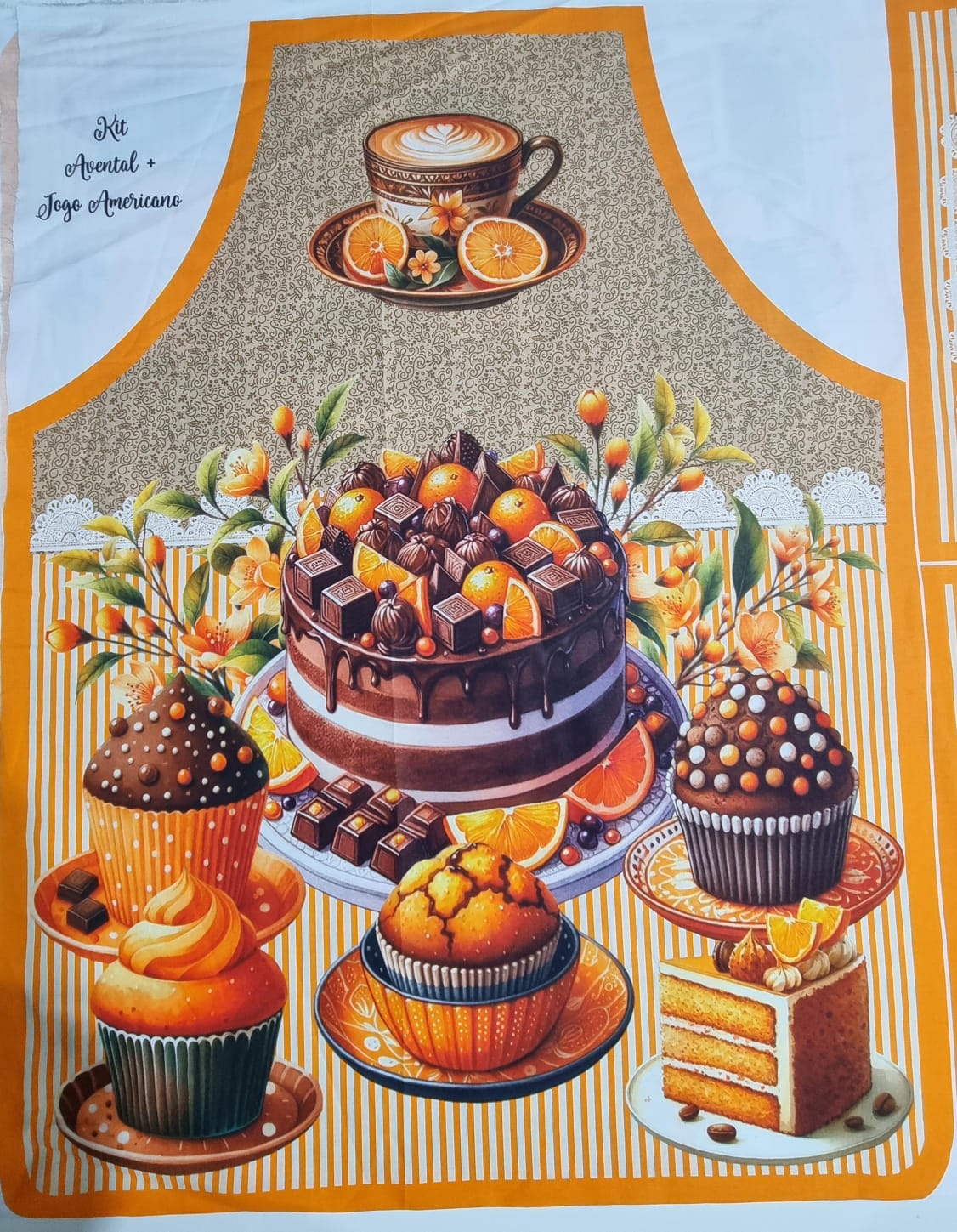 Tecido Digital Tricoline Kit Avental + Jogo Americano Cakes and Oranges