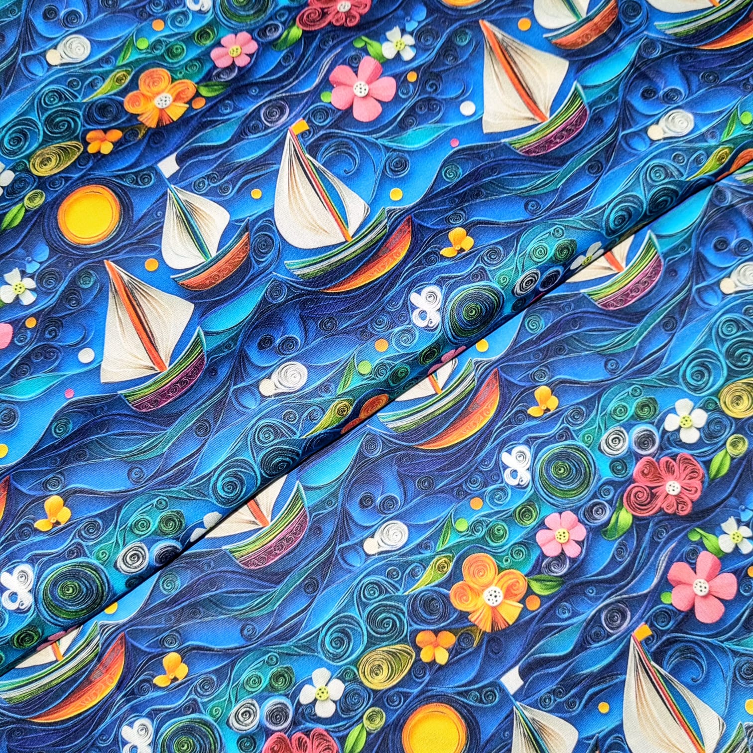 Tecido Tricoline Digital Barco a Vela fd Azul