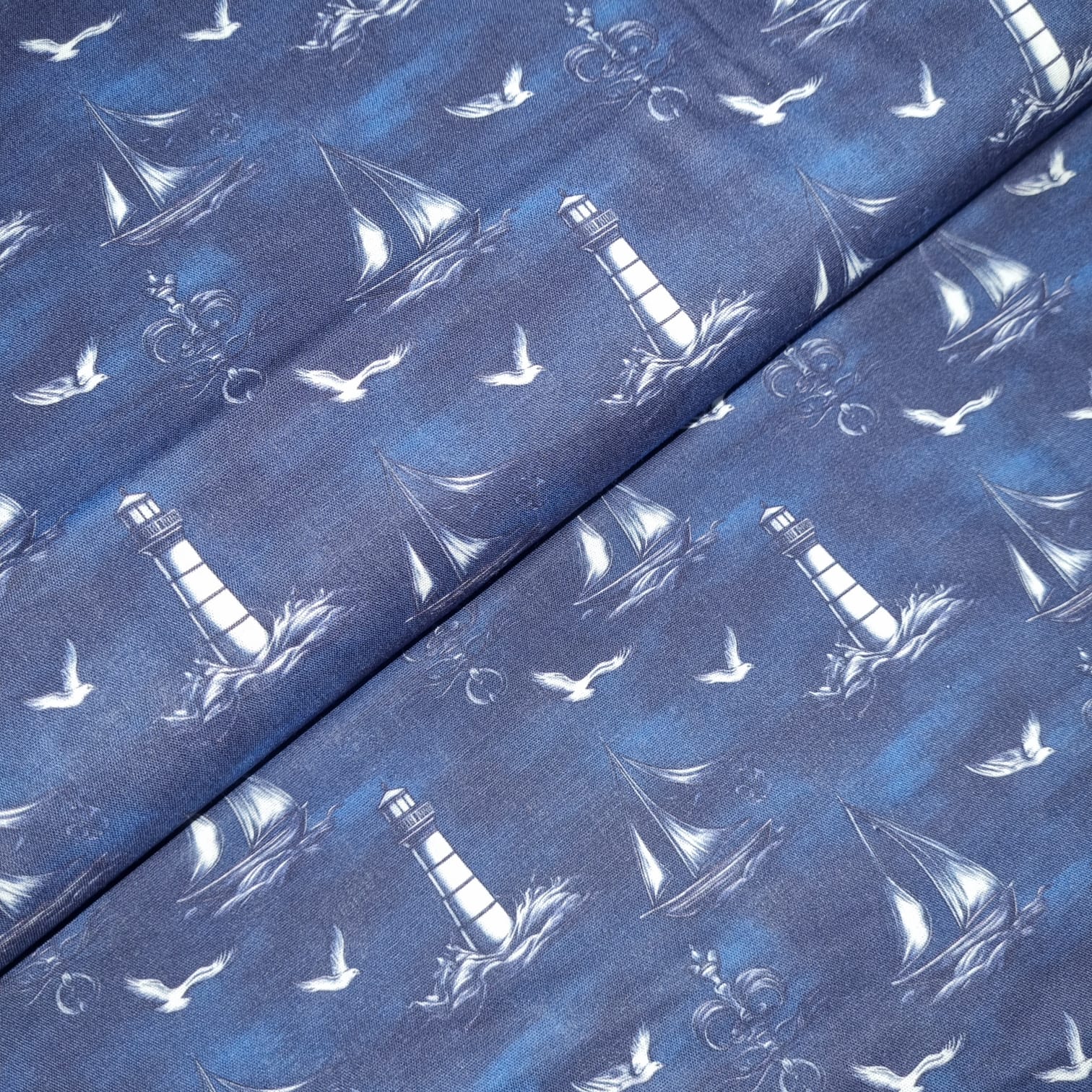 Tecido Tricoline Digital Barcos e Farol