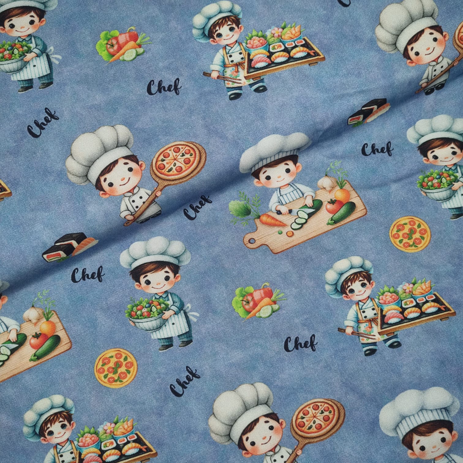 Tecido Tricoline Digital Coleção Chef de Cozinha Azul