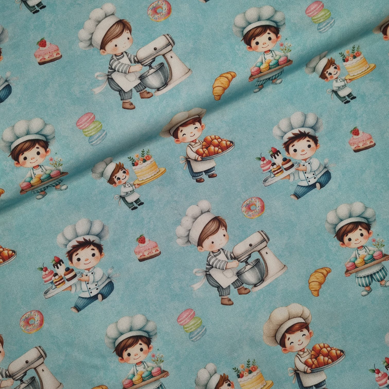 Tecido Tricoline Digital Coleção Chef de Cozinha Turquesa