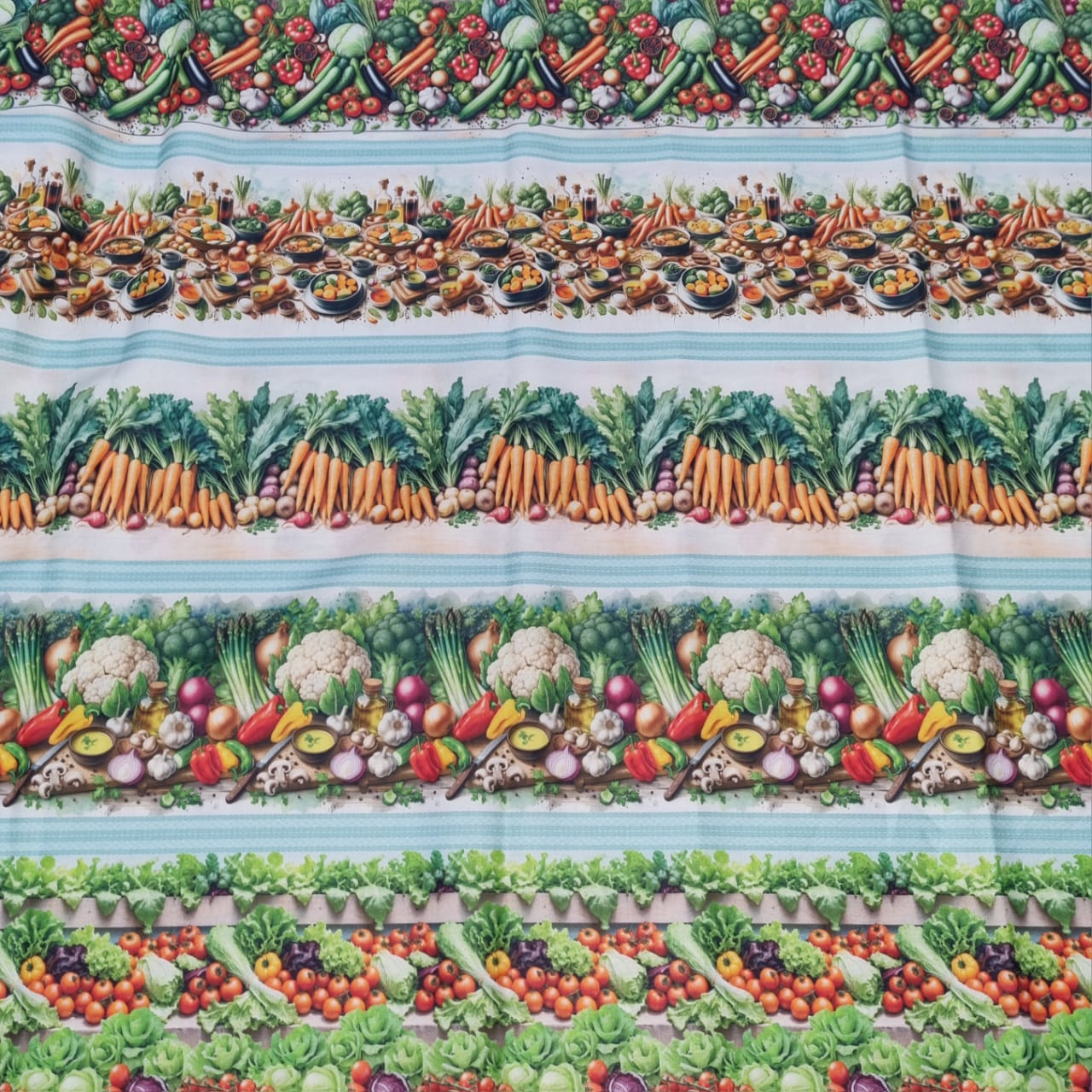 Tecido Tricoline Digital Barrado Verduras e Legumes 