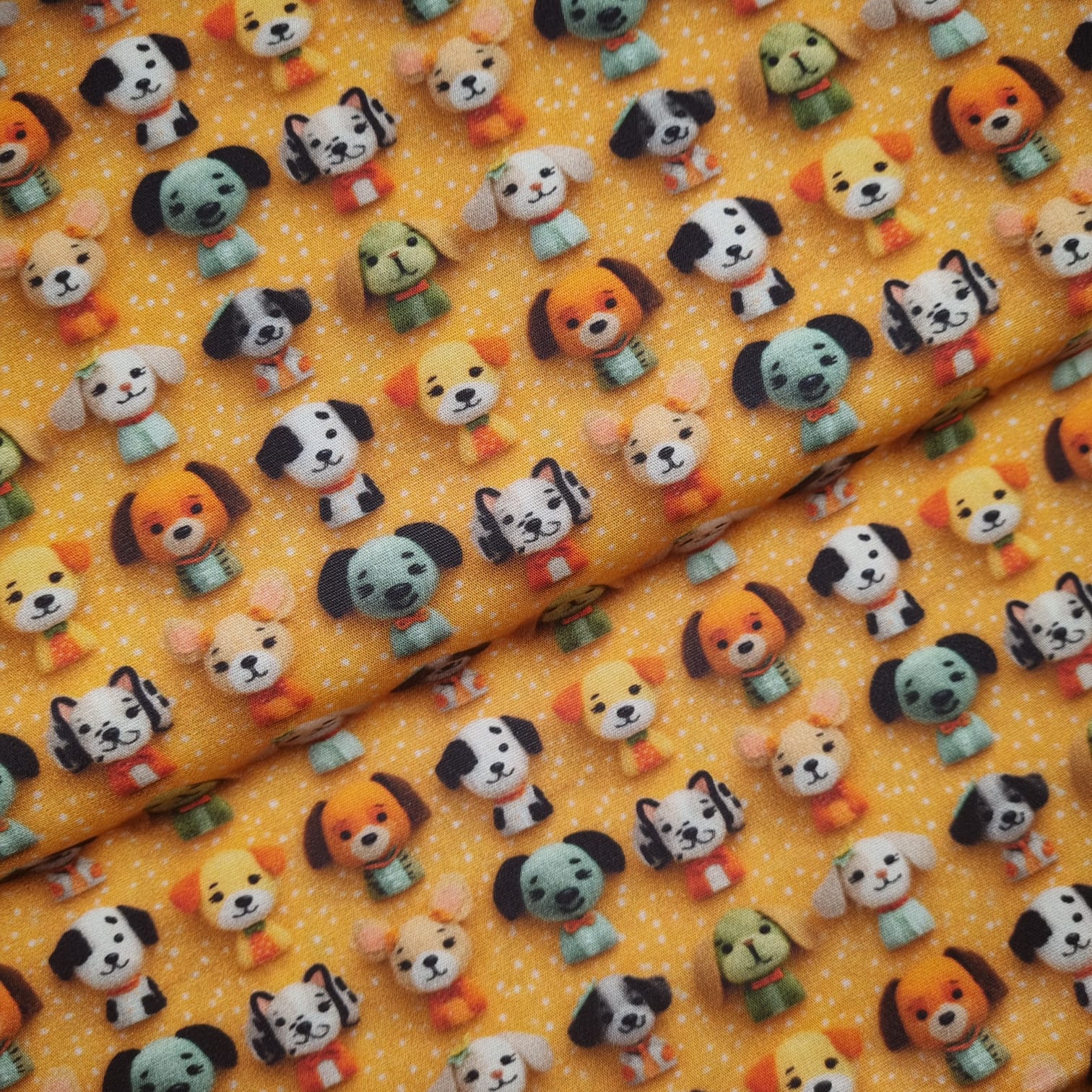 Tecido Tricoline Digital  Cachorrinhos fd Poa Laranja