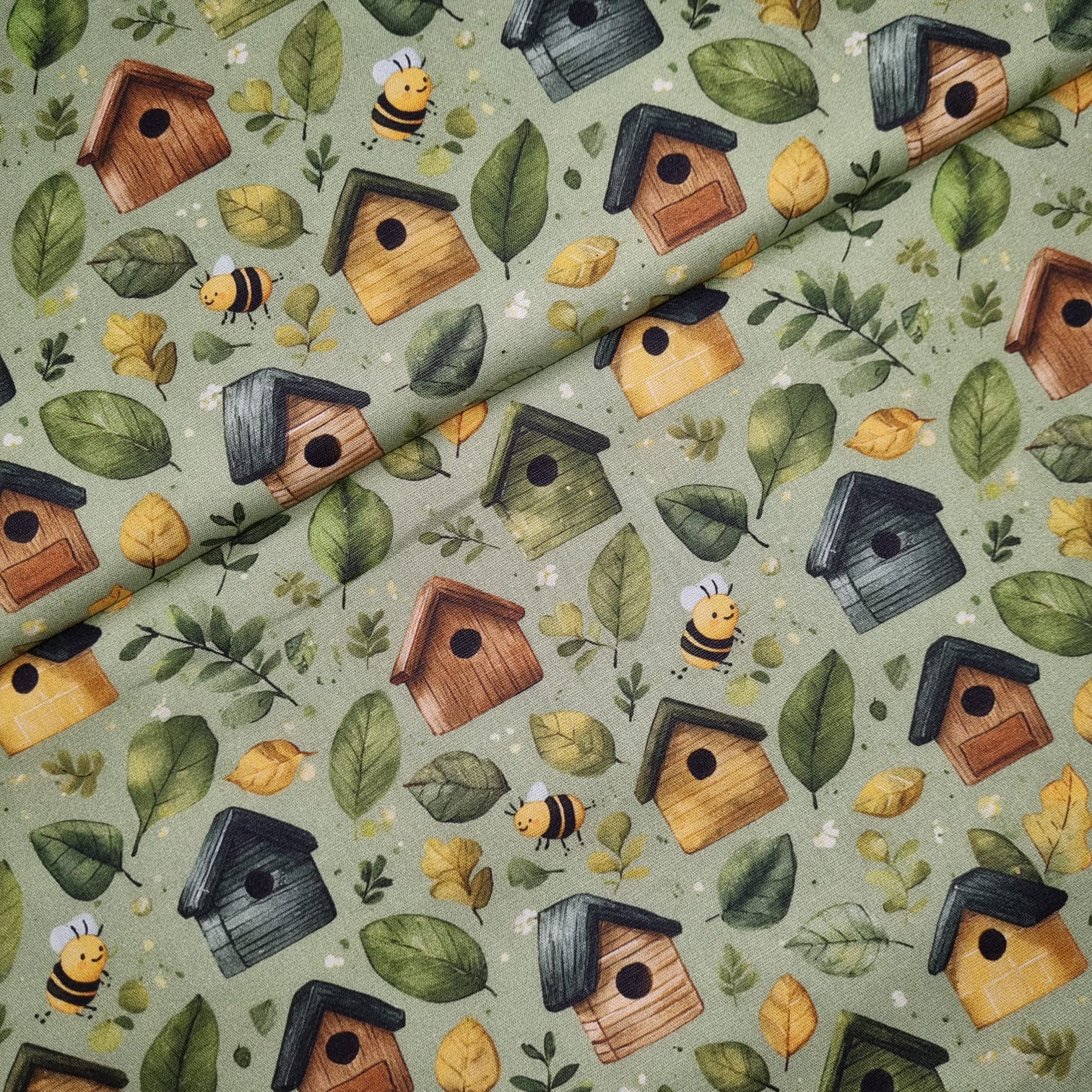 Tecido Tricoline Digital Casinhas e Abelhas fd Verde