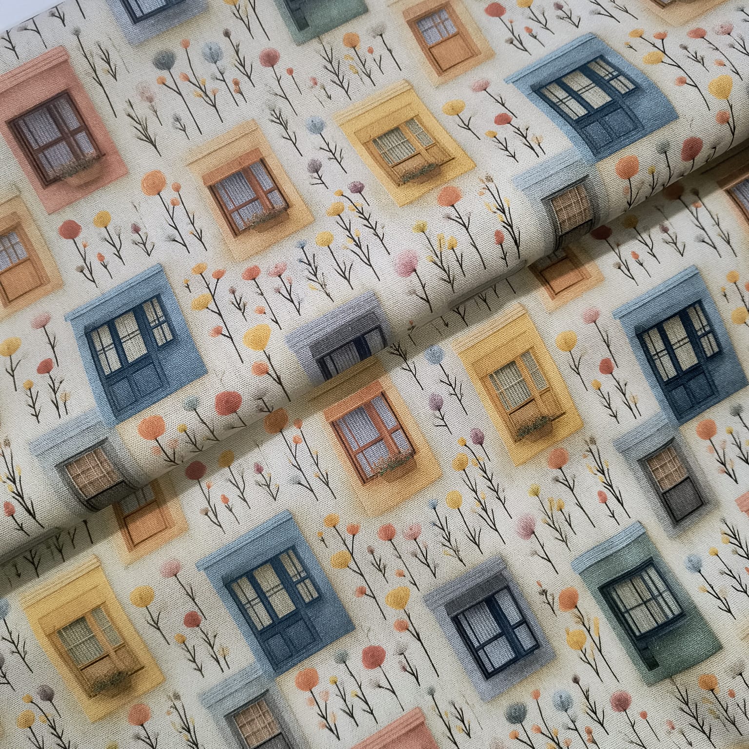 Tecido Tricoline Digital  Coleção Vilarejo Janelas