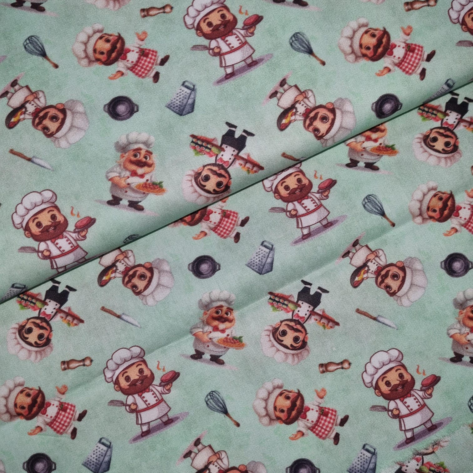 Tecido Tricoline Digital Coleção Profissões Chefe's de Cozinha fd Verde