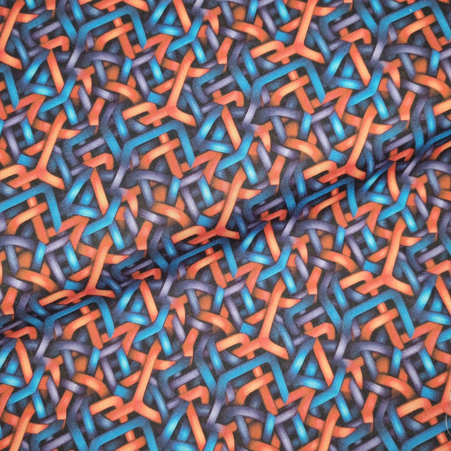 Tecido Tricoline Digital Geométrico Trançado Laranja e Azul