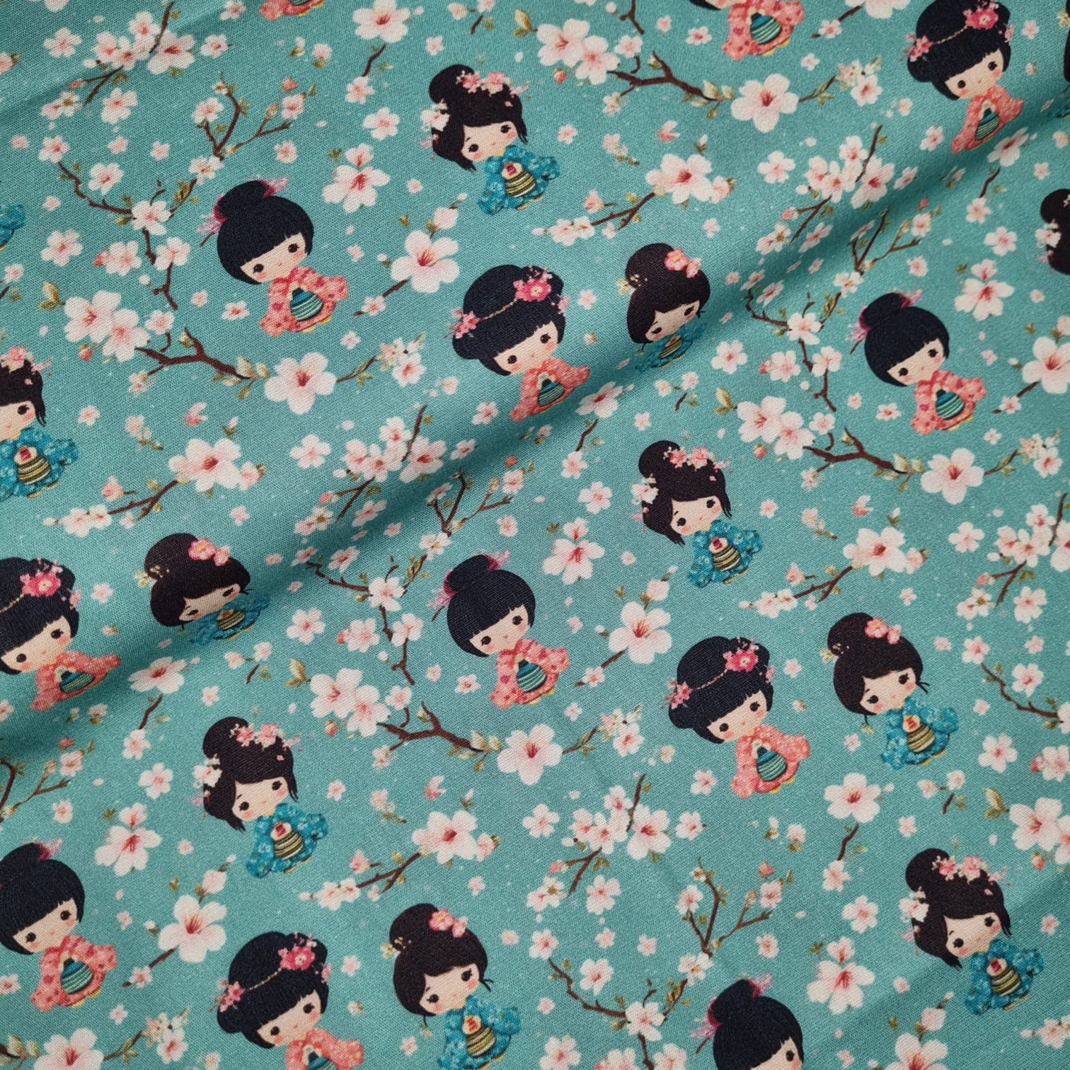 Tecido Tricoline Digital Kokeshi Doll and Flowers 2