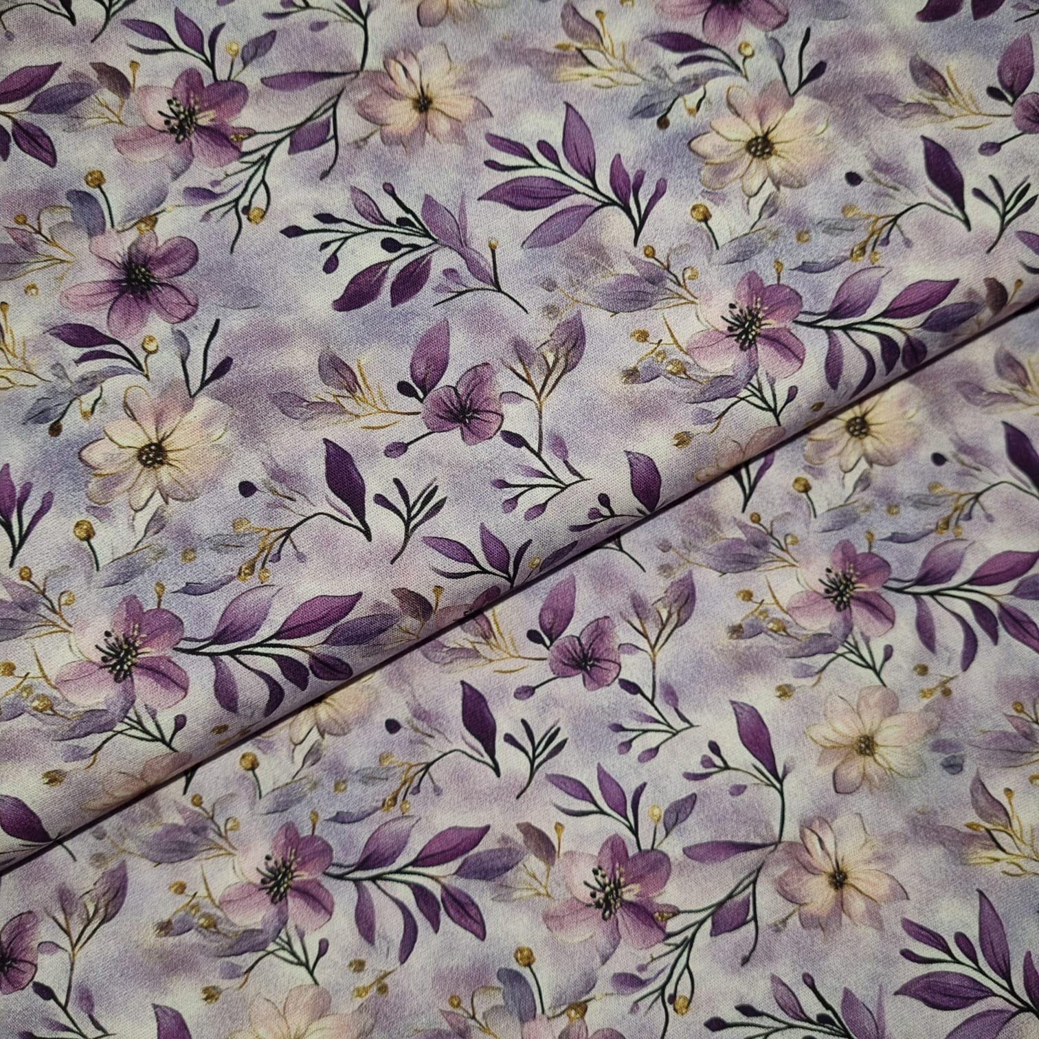 Tecido Tricoline Digital Lavender Flores e Ramos