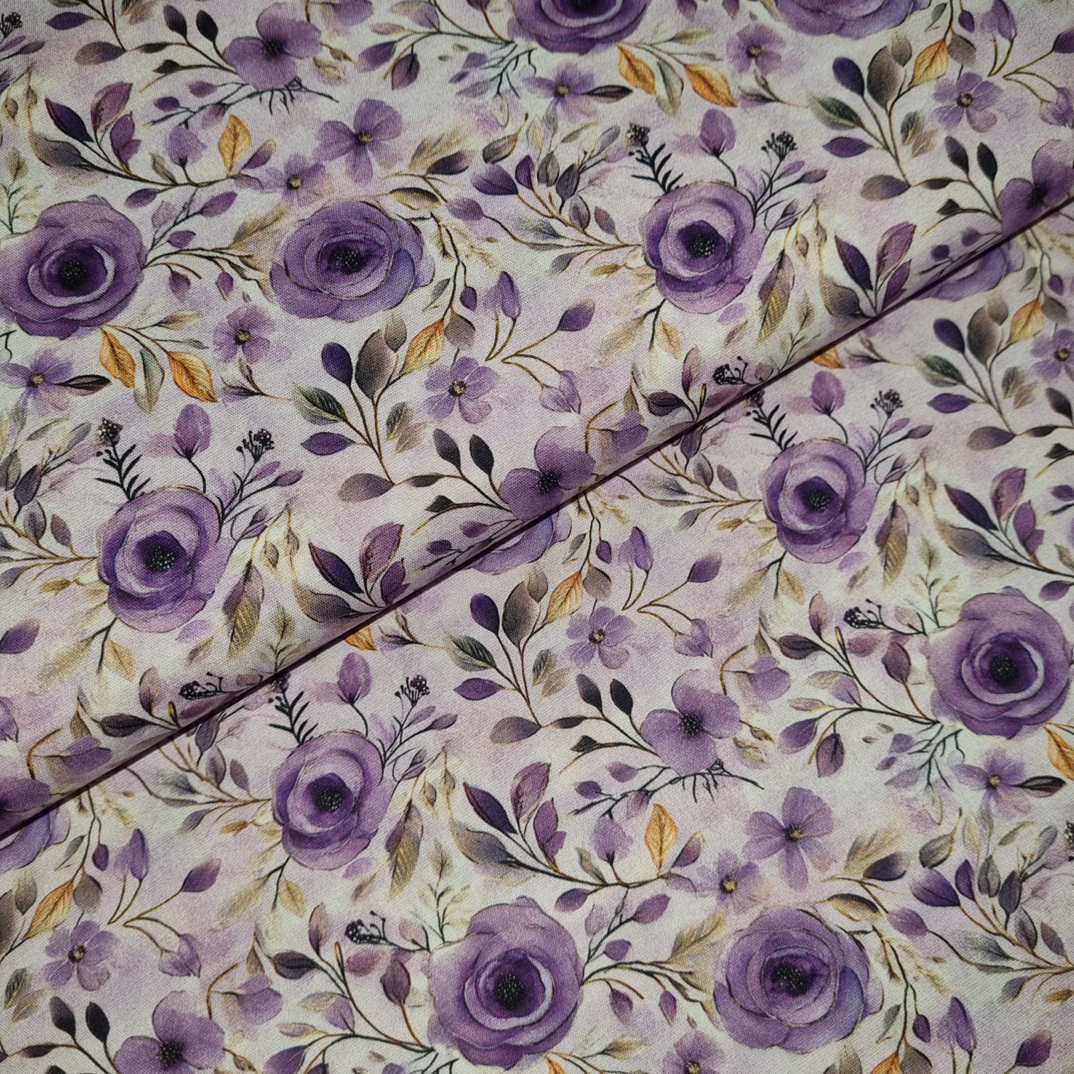 Tecido Tricoline Digital Lavender Rosas e Ramos