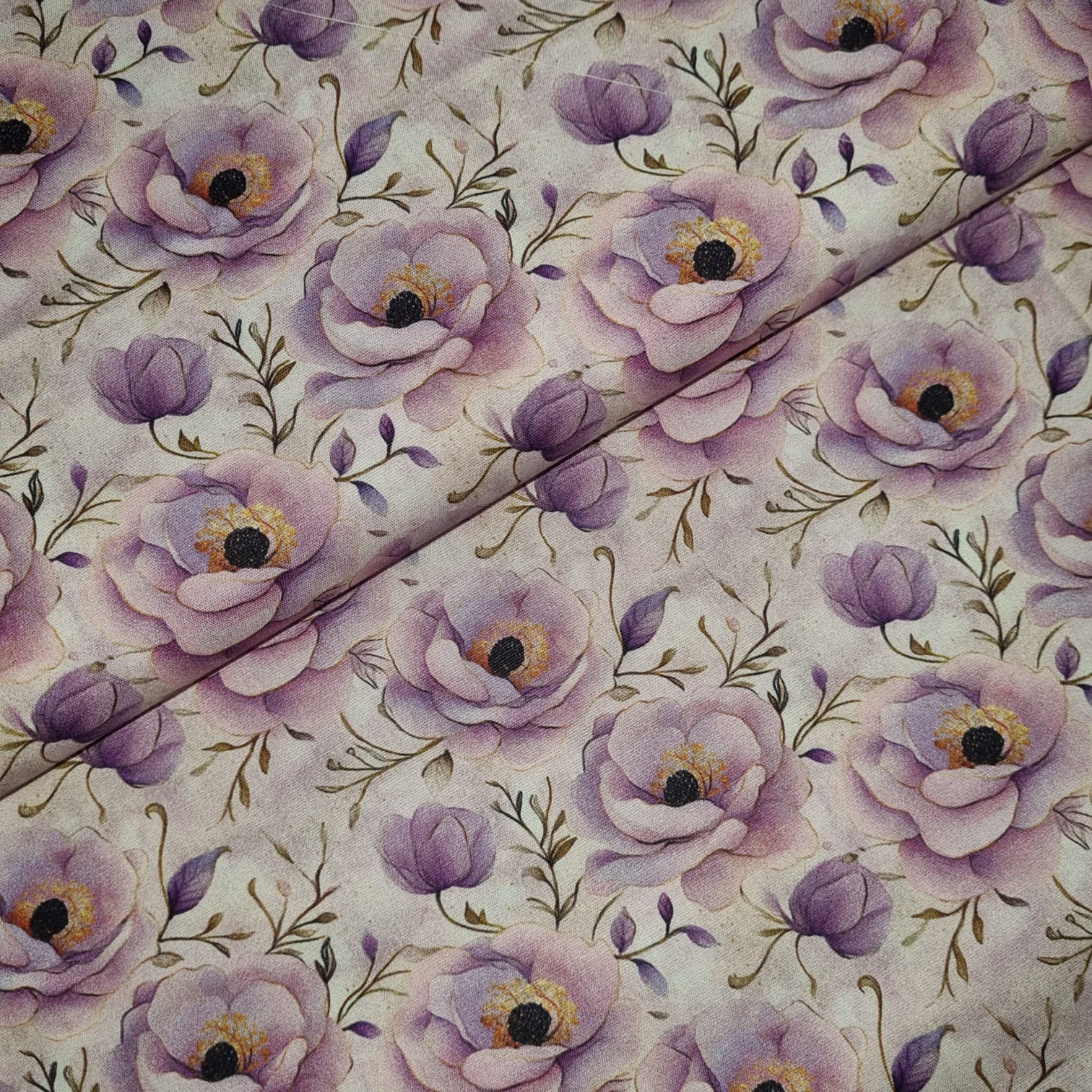 Tecido Tricoline Digital Lavender Rosas e Ramos 2