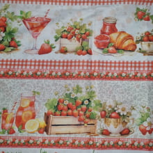 Tecido Tricoline Digital Barrado Morango e Bolos