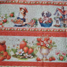 Tecido Tricoline Digital Barrado Morango e Bolos