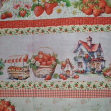 Tecido Tricoline Digital Barrado Morango e Bolos