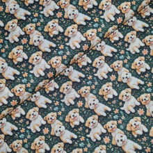 Tecido Tricoline Digital Cachorrinhos e Flores fd Verde