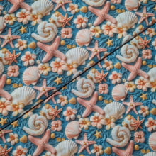 Tecido Tricoline Digital Conchas e Estrelas do Mar Fd Azul