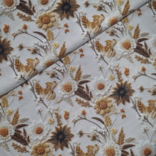 Tecido Tricoline Digital Floral Bordado Marrom e Bege fd Gelo