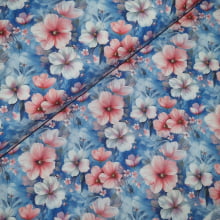 Tecido Tricoline Digital Floral Hibisco Coral fd Azul