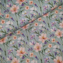 Tecido Tricoline Digital Floral Lilás e Salmão fd Azul