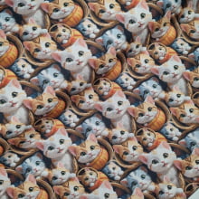 Tecido Tricoline Digital Gatinhos e Cestas de Palha