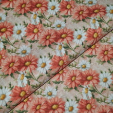 Tecido Tricoline Digital Margaridas Coral e Branca