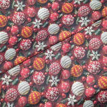 Tecido Tricoline Digital Natalino Bolas de Natal em Crochê