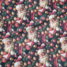 Tecido Tricoline Digital Natalino Papai Noel e Enfeites Natalinos fd Preto