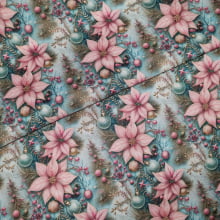 Tecido Tricoline Digital Natalino Poinsétias Rosa e Enfeites Natalinos fd Azul 