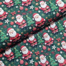 Tecido Digital Natalino Árvore e Papai Noel fd Verde 