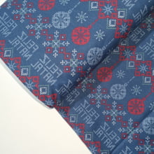 Tecido Natal Círculo Flocos de Beve e Enfeites fd Azul.