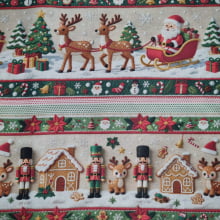 Tecido Tricoline Digital  Barrado Natalino Papai Noel e Animaizinhos Bordados 