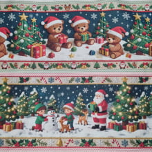 Tecido Tricoline Digital Barrado Natalino Papai Noel e Animaizinhos Bordados