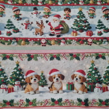 Tecido Tricoline Digital Barrado Natalino Papai Noel e Animaizinhos Bordados