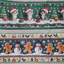 Tecido Tricoline Digital Barrado Natalino Papai Noel e Animaizinhos Bordados