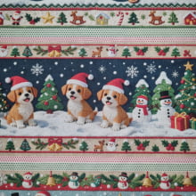 Tecido Tricoline Digital Barrado Natalino Papai Noel e Animaizinhos Bordados