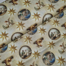 Tecido Tricoline Digital Natalino Sagrada Família e Estrelas fd Bege  