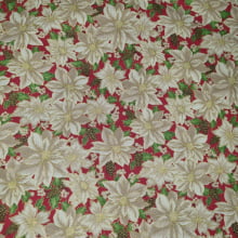 Tecido Tricoline Natal Poinsétias  Off-White e Dourados fd Vermelho