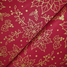 Tecido Tricoline Natalino Contorno de Flores Dourado fd Vermelho 